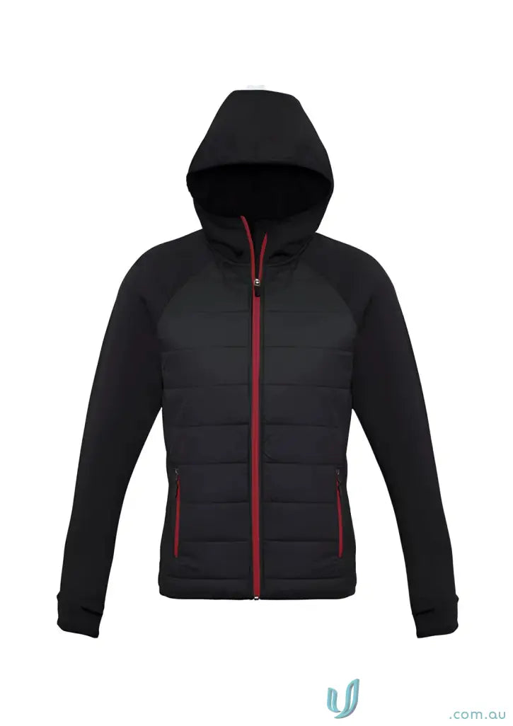 Black hooded puffer jacket from Ladies Stealth Hoodie, stealth jacket J515L for biz collection women’s