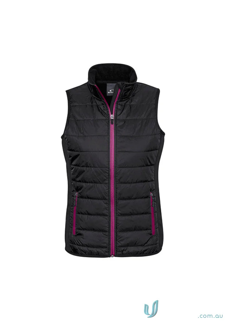 Black quilted women’s stealth vest with purple zipper from Biz Collection Women’s stealth vest J616L