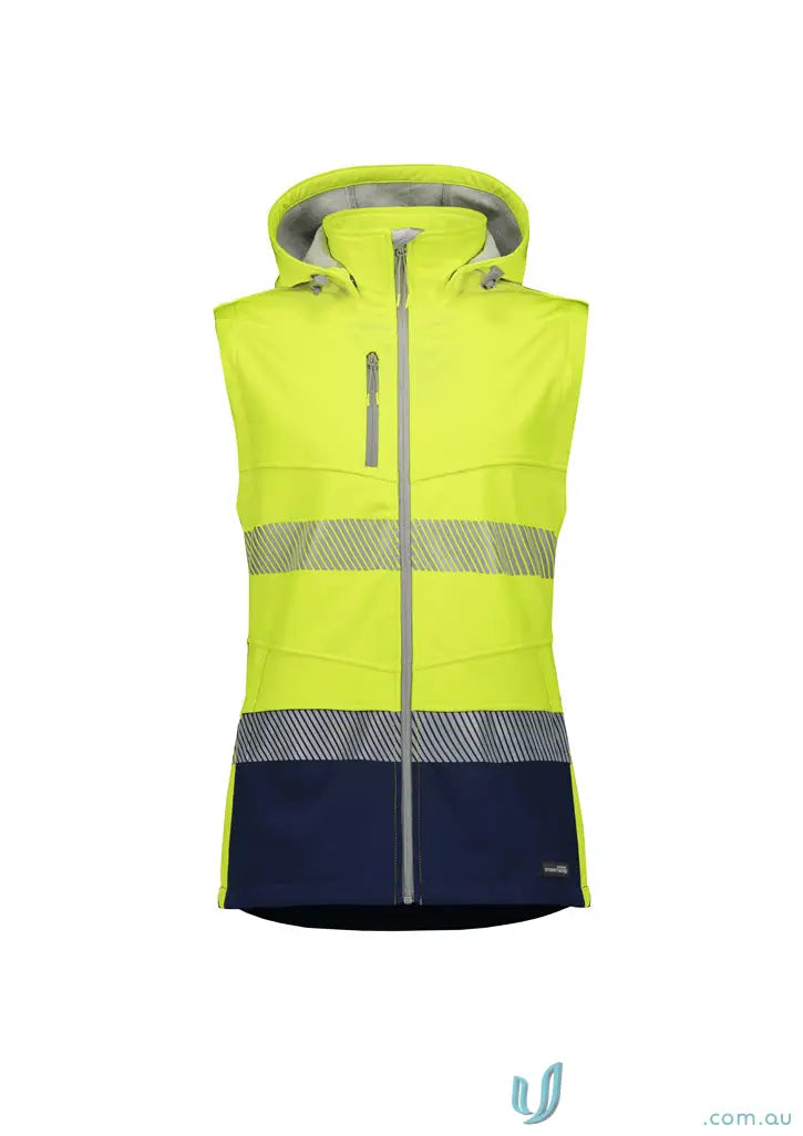 High-visibility hooded safety vest on ladies Streetworx 2 in 1 stretch softshell jacket