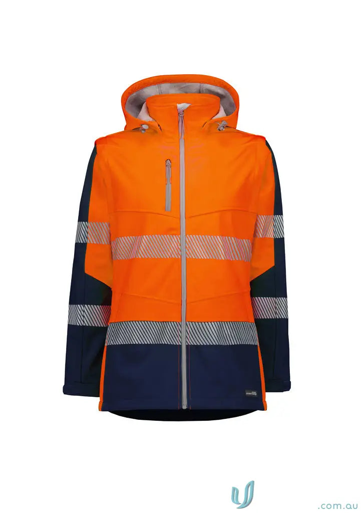 Orange and navy Ladies Streetworx 2 in 1 stretch softshell jacket with bio motion segmented design