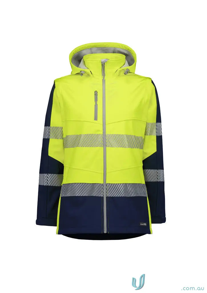 Yellow navy high-visibility hooded stretch softshell jacket for ladies from Syzmic Ladies Softshell