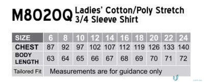 Ladies’ shirt size chart for Winning Spirit Ladies Spirit Ladies Stretch 3qtr shirt