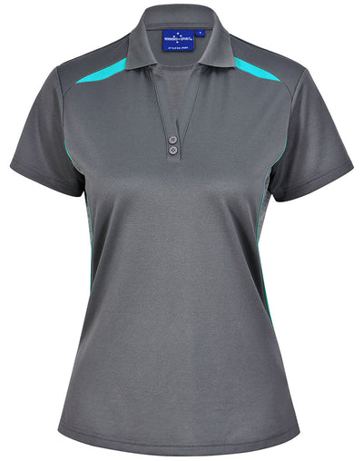 Gray ladies contrast polo with teal accents and sun protection tech