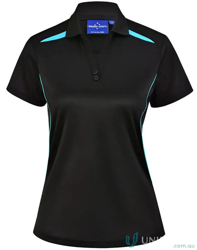 Black and turquoise ladies contrast polo with sustainable fabric and sun protection tech
