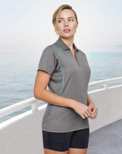Gray ladies contrast polo with teal stitching, textured fabric, sun protection tech