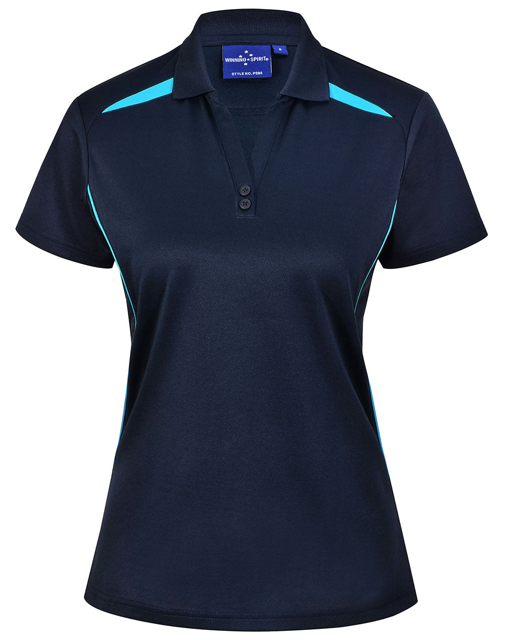 Navy blue ladies contrast polo with teal accents, sustainable ladies contrast