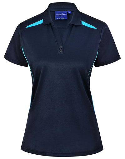 Navy blue ladies contrast polo with teal accents, sustainable ladies contrast