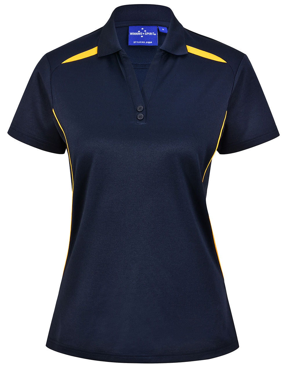 Ladies sustainable contrast polo in navy blue and yellow with sun protection tech