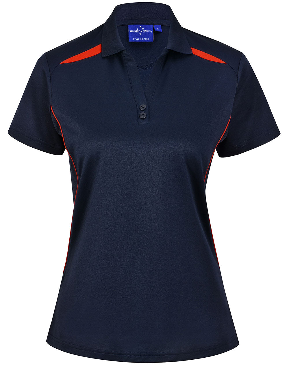 Ladies sustainable contrast polo in navy blue orange with red piping