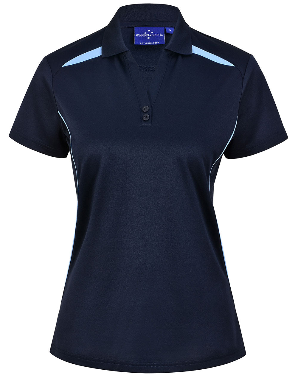 Ladies sustainable contrast polo in navy blue with light blue panels
