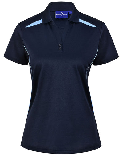 Ladies sustainable contrast polo in navy blue with light blue panels