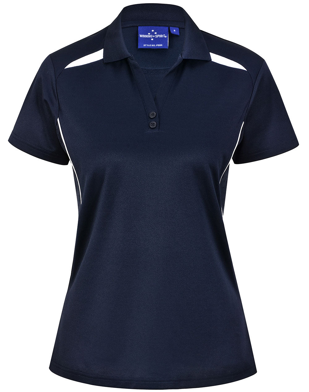 Navy blue ladies contrast polo with white stitching and sun protection tech
