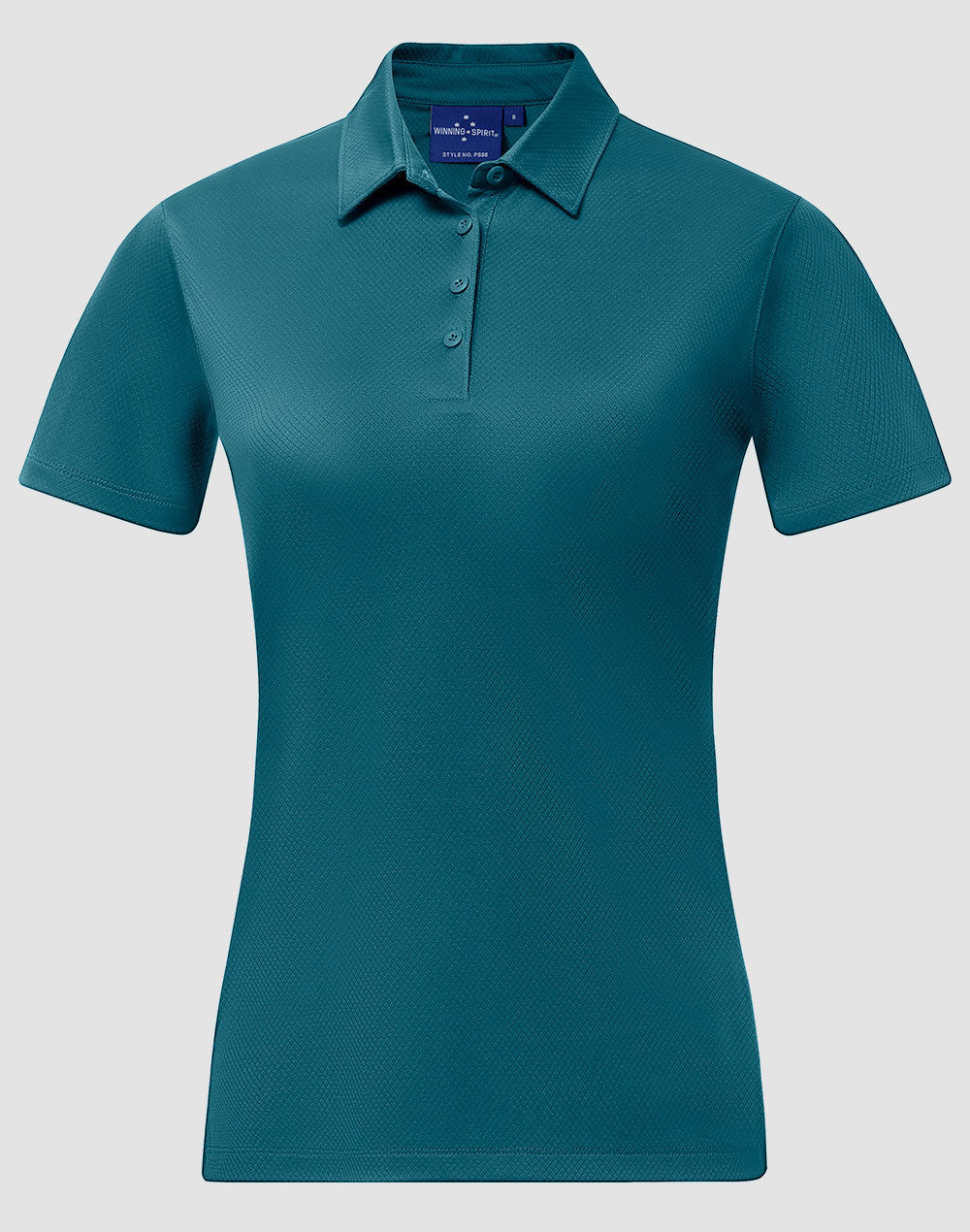 Ladies sustainable jacquard knit polo in teal with textured fabric