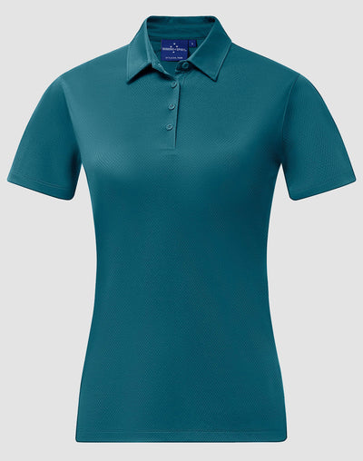 Ladies sustainable jacquard knit polo in teal with textured fabric