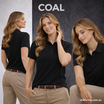 Ladies sustainable jacquard knit polo shirt, black with classic collar