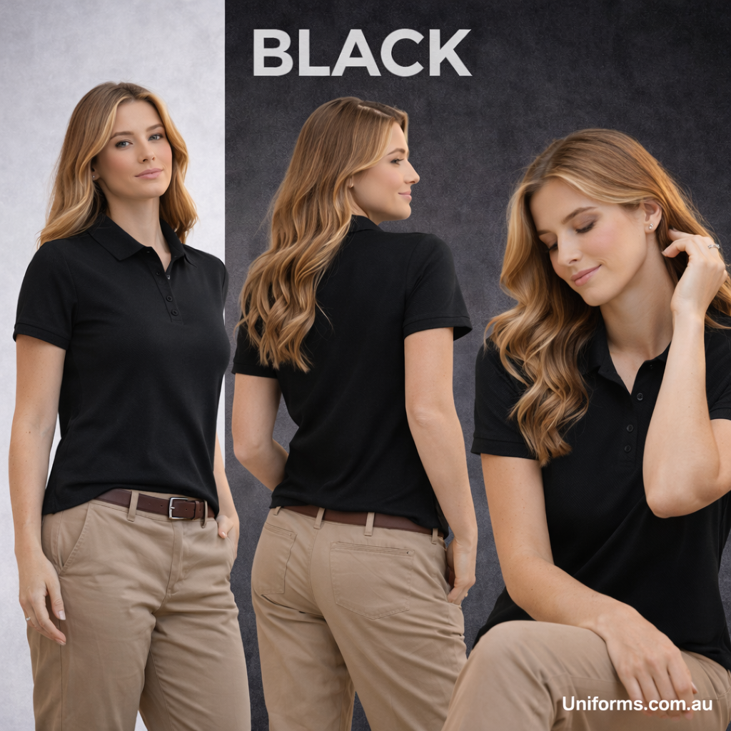 Ladies sustainable jacquard knit polo black short sleeve front view