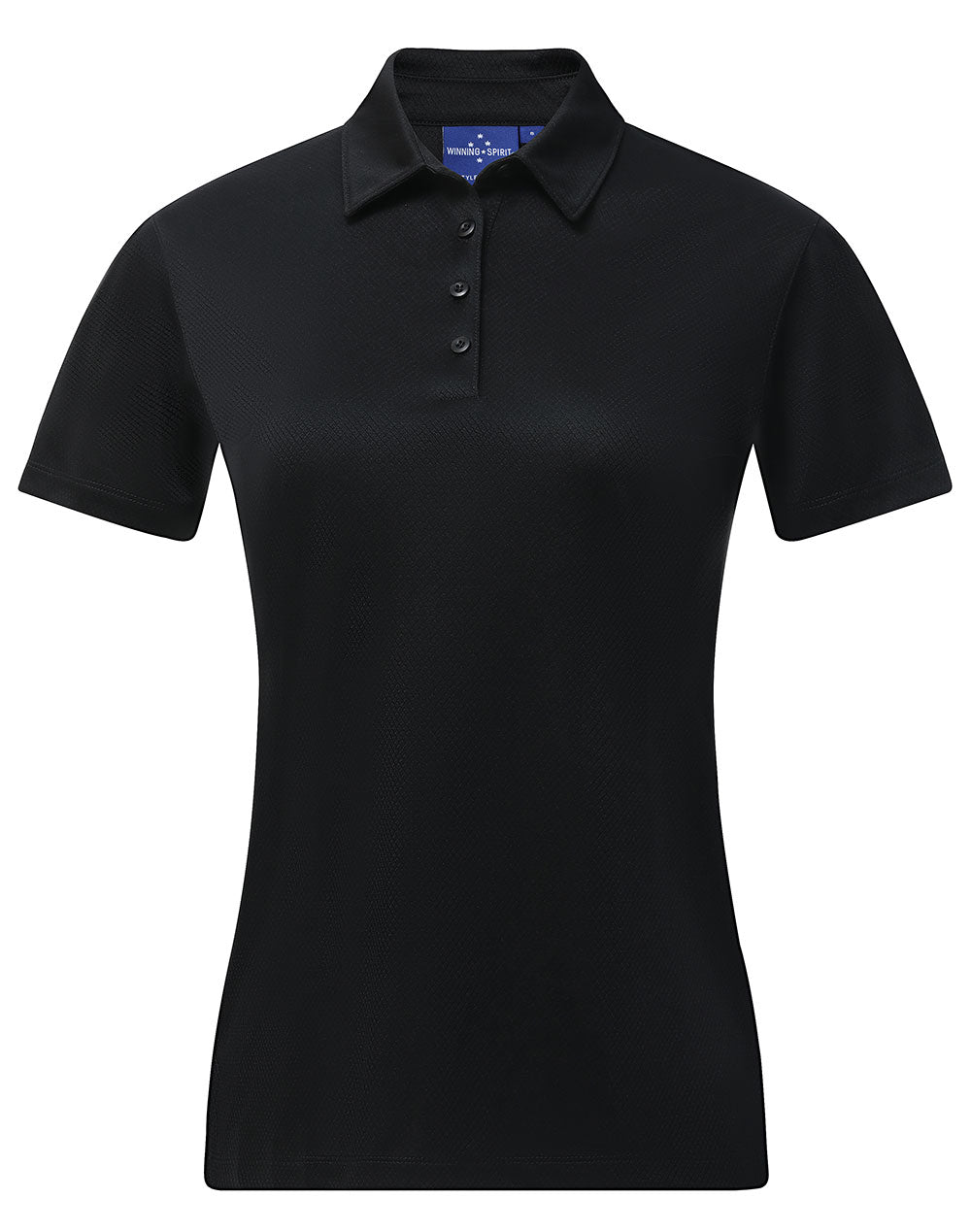 Ladies sustainable jacquard knit polo in black with textured fabric