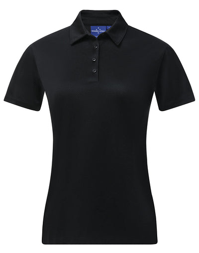 Ladies sustainable jacquard knit polo in black with textured fabric
