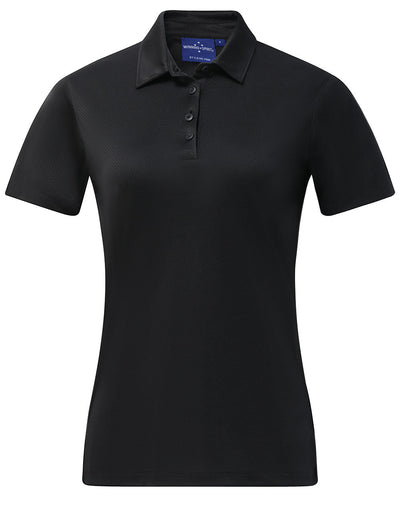 Ladies sustainable jacquard knit polo shirt in black textured fabric