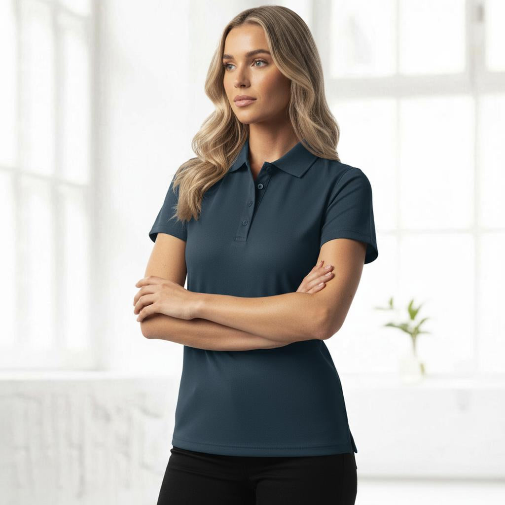 Ladies sustainable jacquard knit polo in dark teal short sleeve