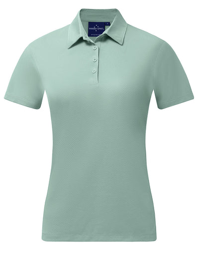 Ladies sustainable jacquard knit polo in light green with textured weave