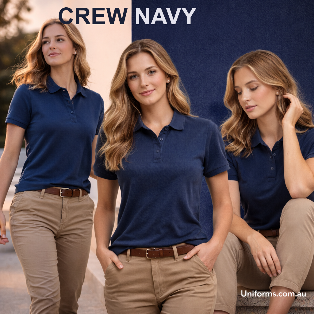 Ladies sustainable jacquard navy blue crew neck polo shirt