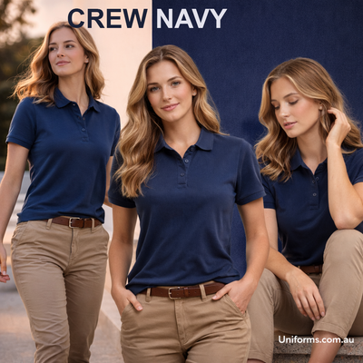 Ladies sustainable jacquard navy blue crew neck polo shirt