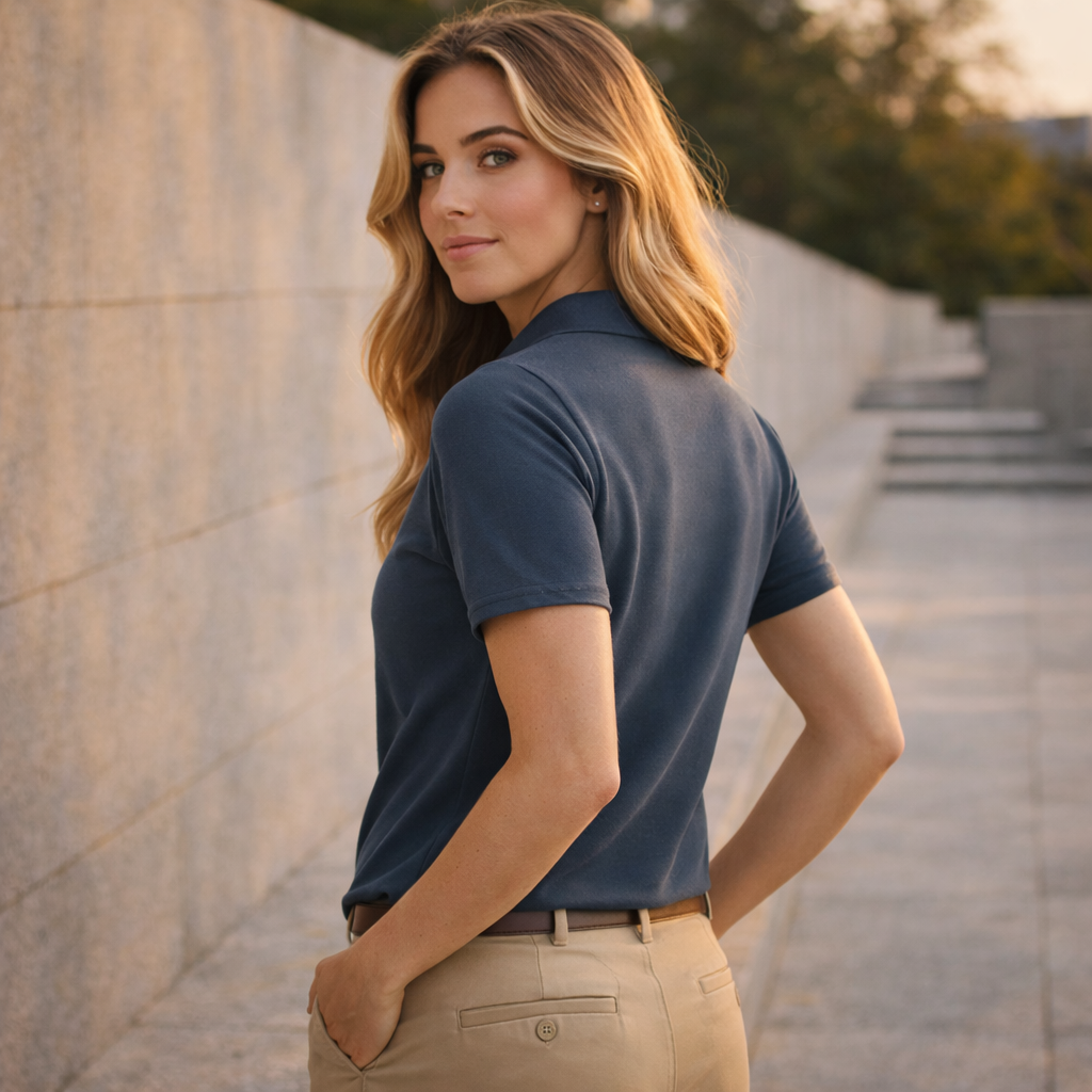Ladies sustainable jacquard navy blue short-sleeved polo shirt