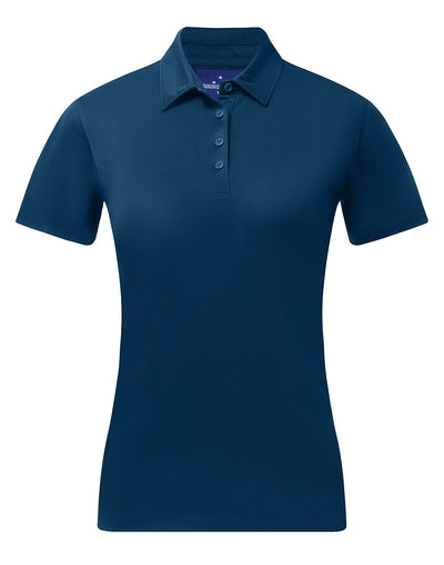 Ladies sustainable jacquard navy blue polo shirt front view