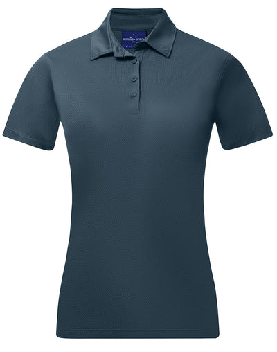 Ladies sustainable jacquard knit polo in dark teal with textured fabric