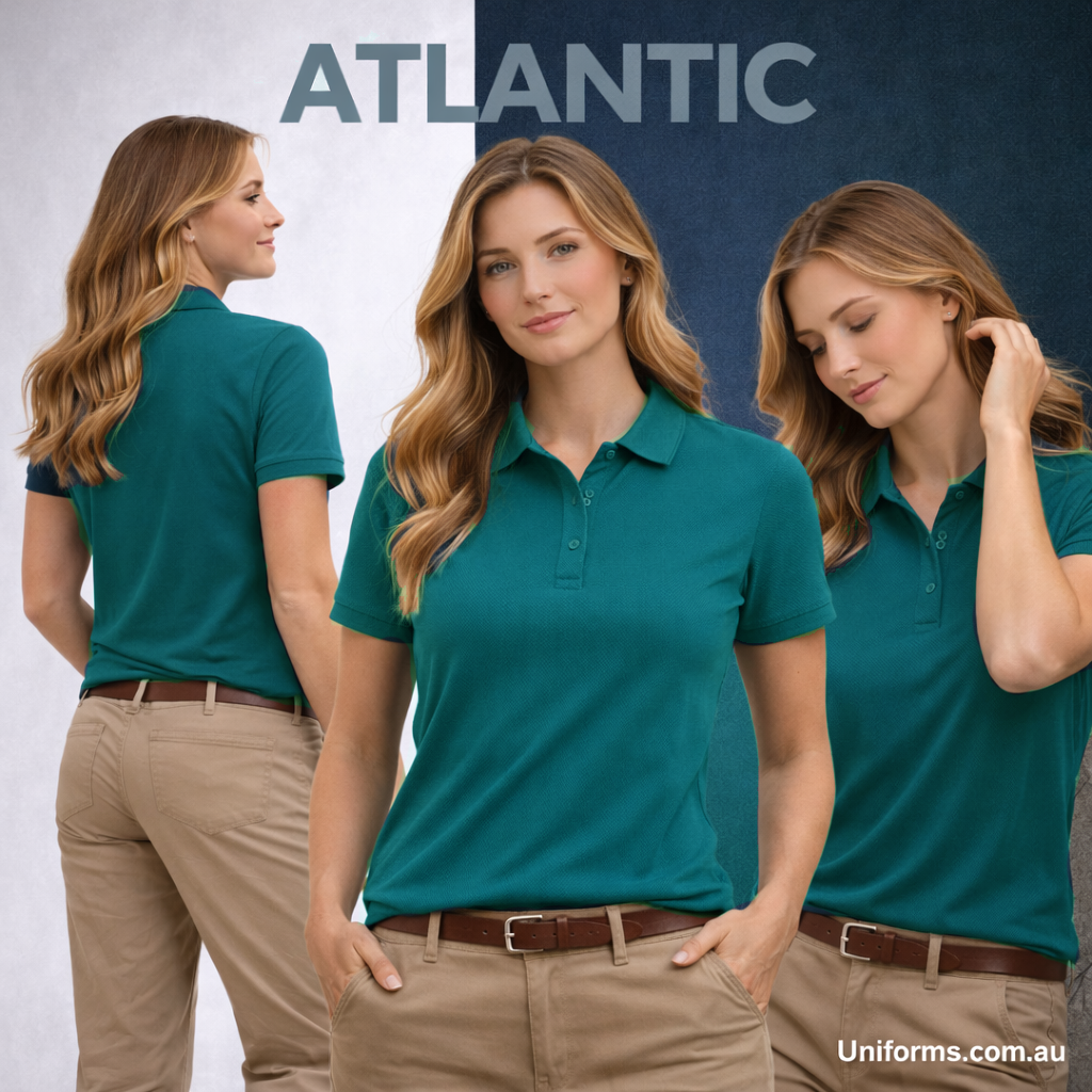 Ladies sustainable jacquard knit polo in teal with classic collar