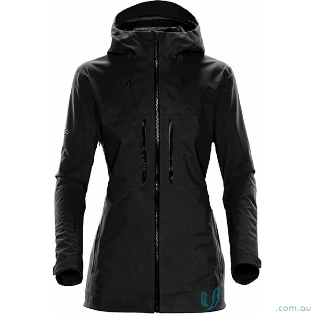 Black hooded waterproof jacket with zippered pockets, perfect for women’s synthesis stormshell
