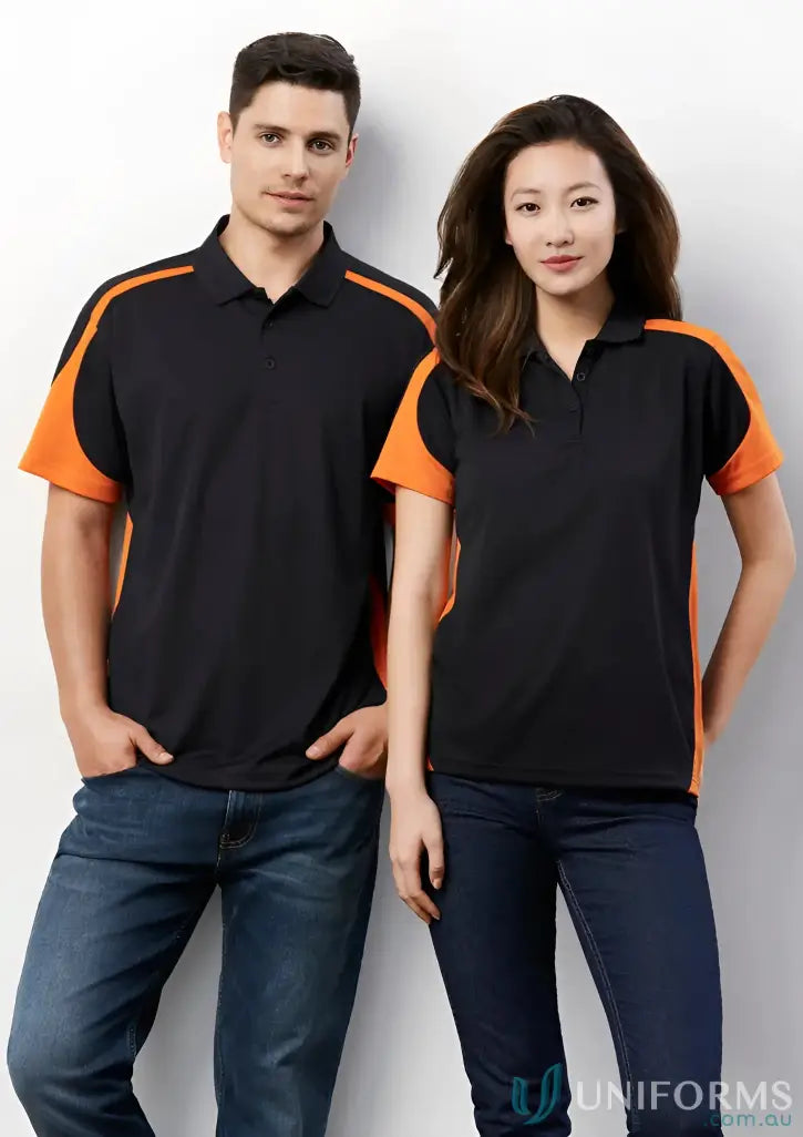 Matching ladies Talon Polo shirts in black and orange for a biz cool perfect blend