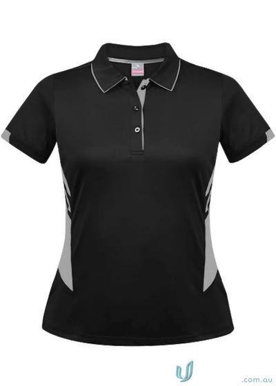 Ladies Tasman Polo black short-sleeved shirt with light gray accents on collar and cuffs