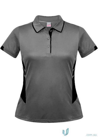 Ladies Tasman Polo shirt in gray with black trim and side panels perfect for casual wear