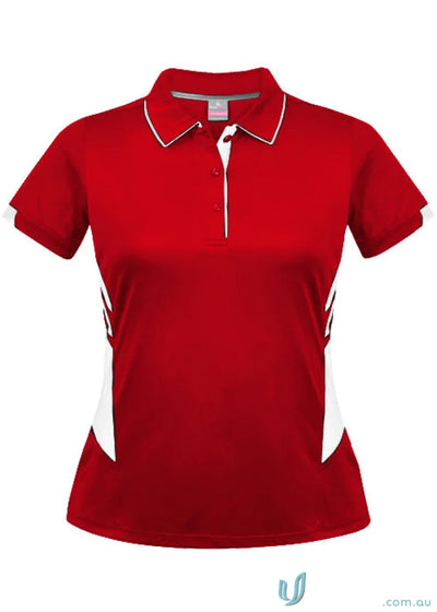 Ladies Tasman Polo in red with white side panels and trim for a stylish look