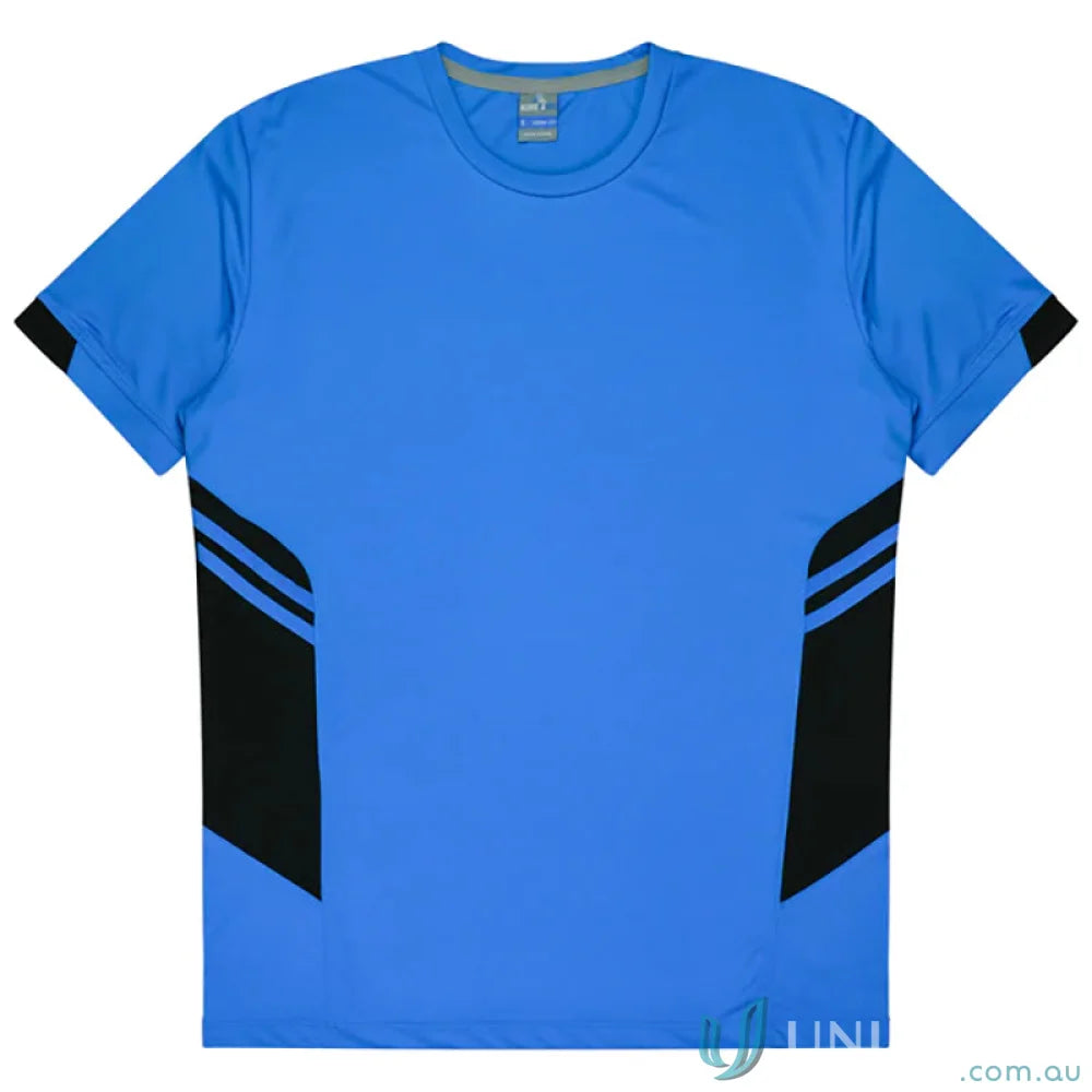 Blue and black athletic T-shirt made with comfy fabric, perfect for uniforms or workwear