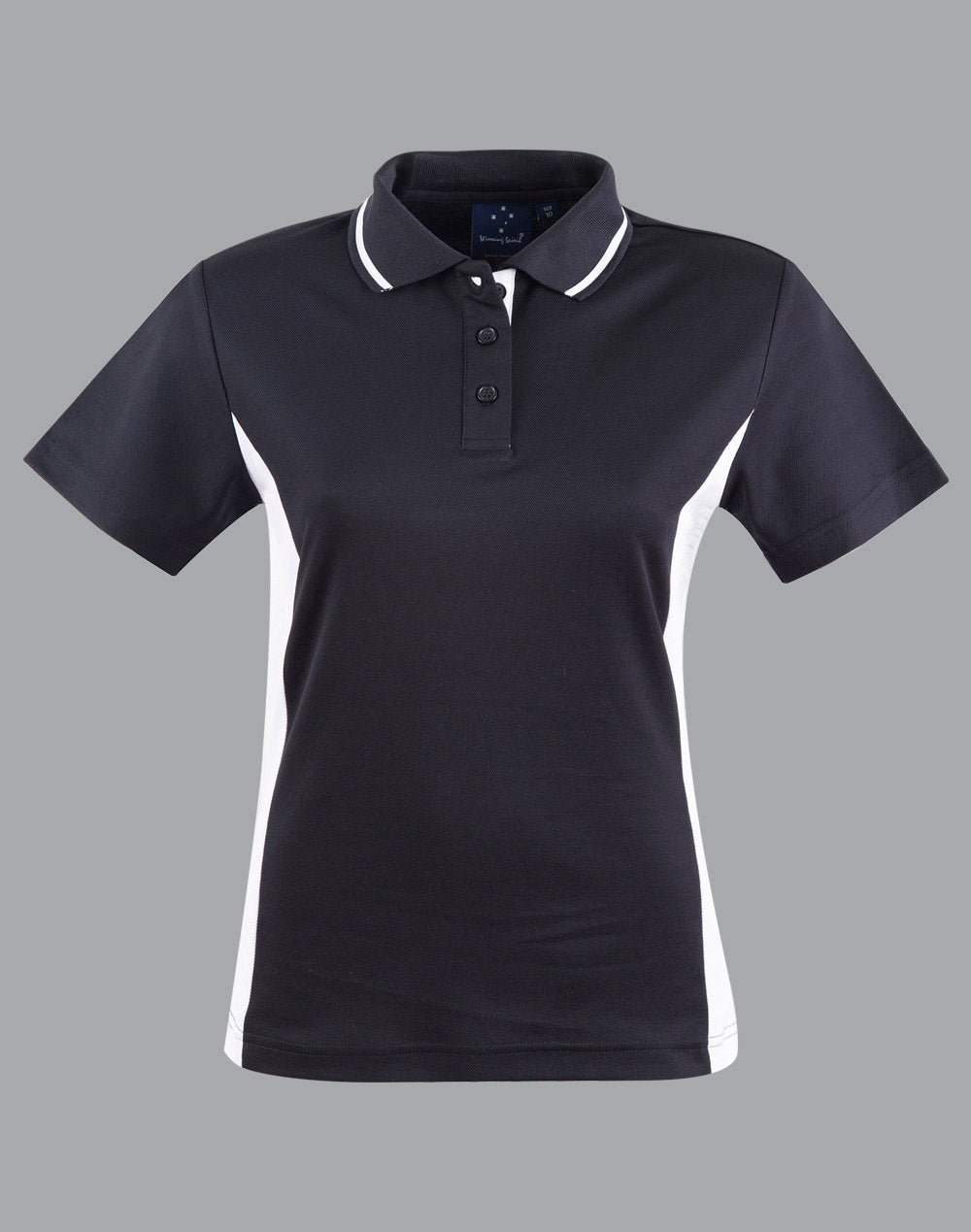 Ladies Teammate Polo: black white womens shirt with side panels, moisture-wicking