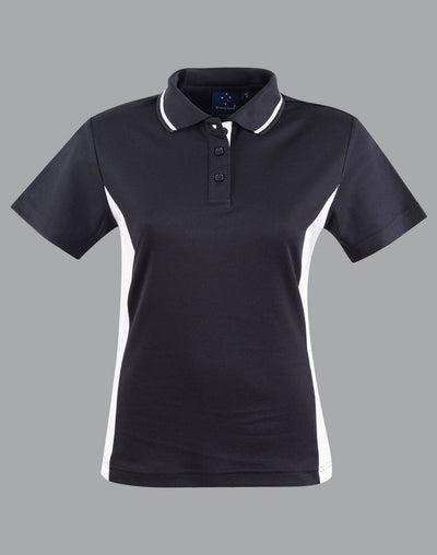 Ladies Teammate Polo: black white womens shirt with side panels, moisture-wicking