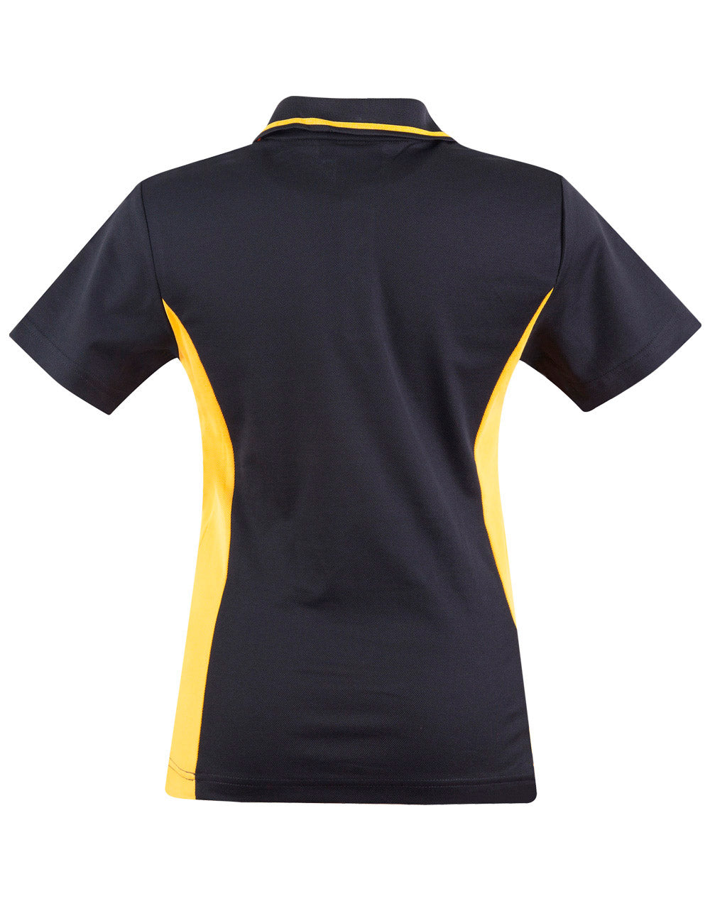 Ladies teammate polo in black and yellow with moisture-wicking fabric