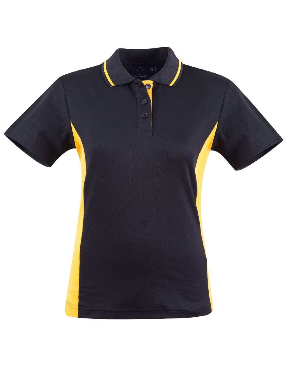 Ladies Teammate Polo black yellow shirt with side panels moisture-wicking