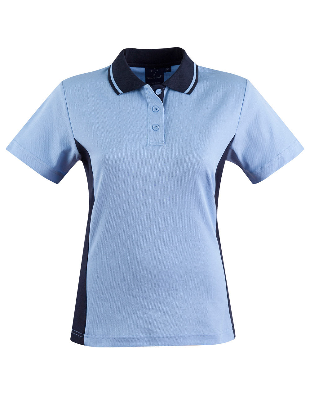 Light blue ladies teammate polo with navy collar in moisture-wicking fabric