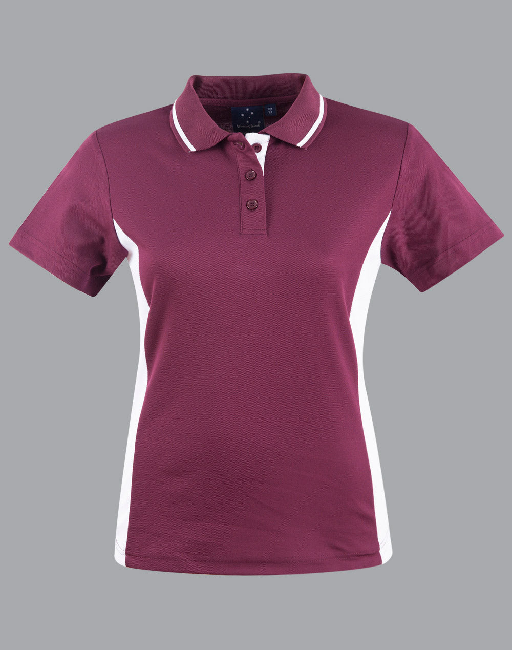 Ladies Teammate Polo in maroon and white with moisture-wicking fabric