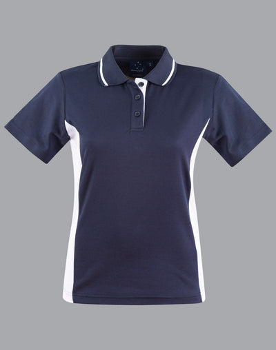 Ladies Teammate Polo in navy blue with white panels, moisture-wicking fabric