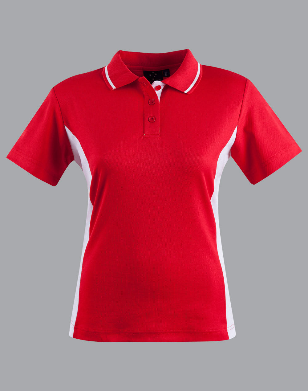 Red Ladies Teammate Polo with white trim in moisture-wicking fabric
