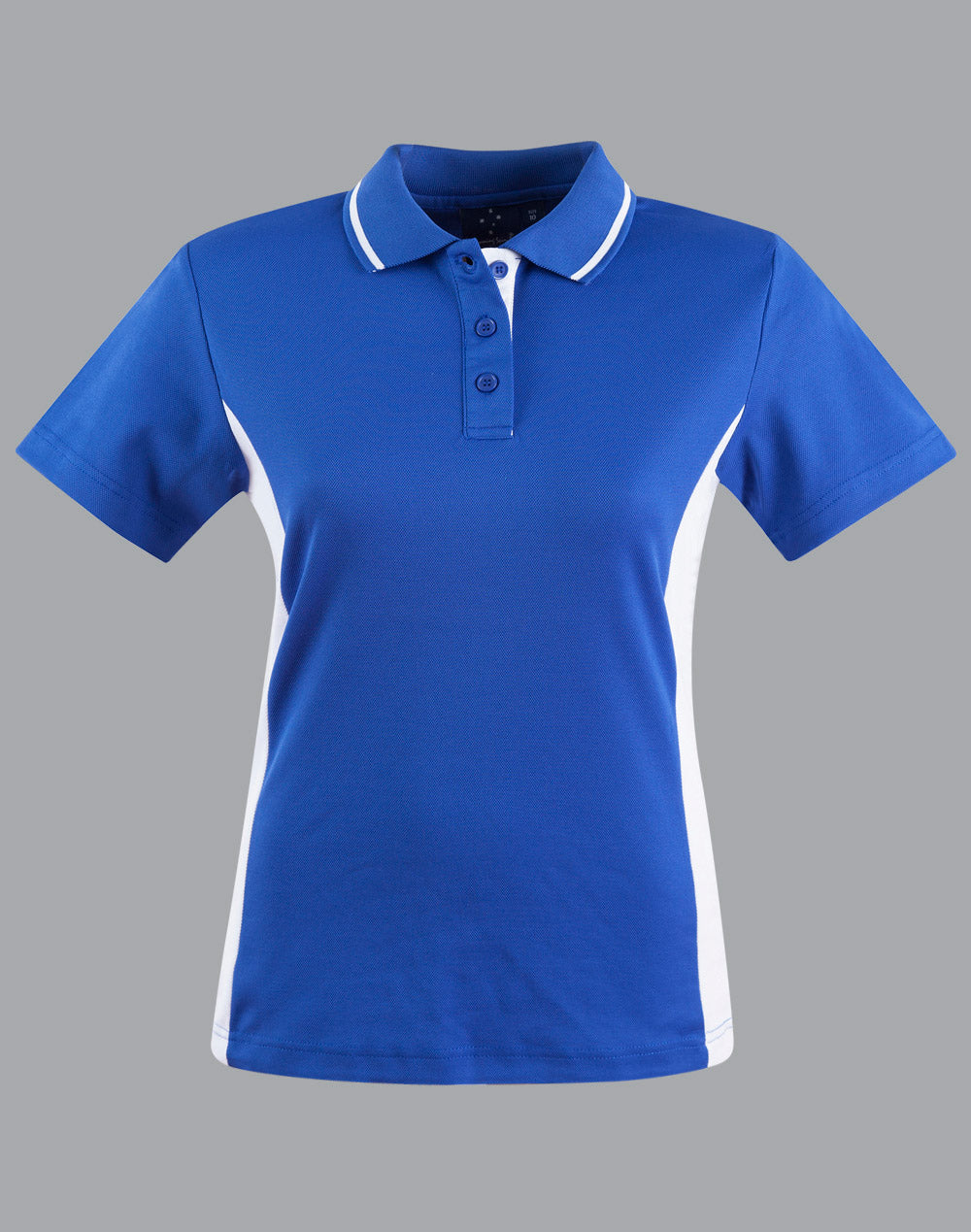 Ladies Teammate Polo in royal blue with white trim, moisture-wicking fabric