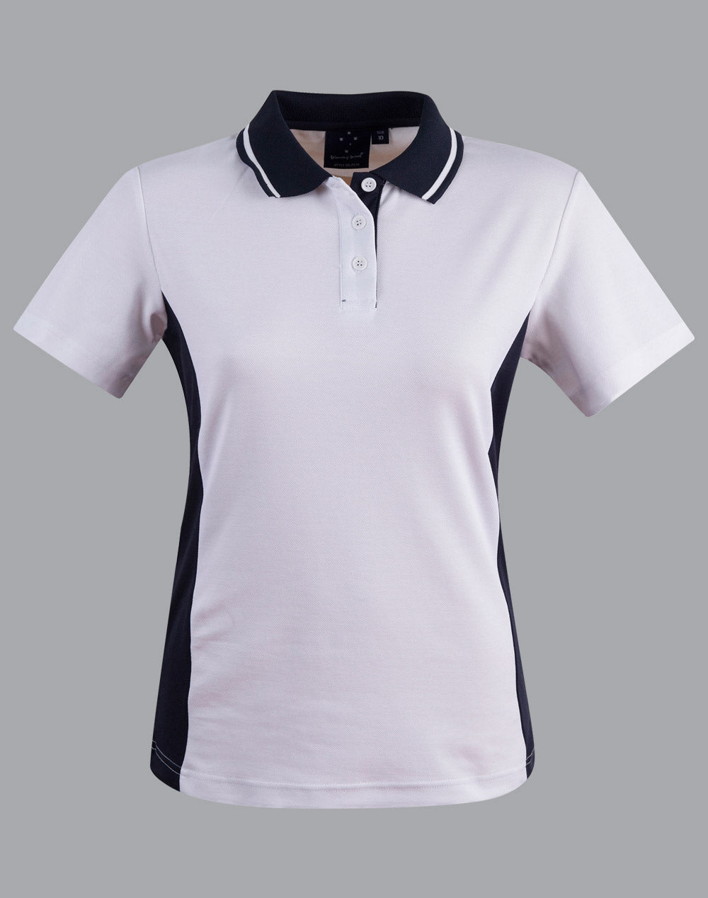 Ladies teammate polo in white and navy with moisture-wicking fabric