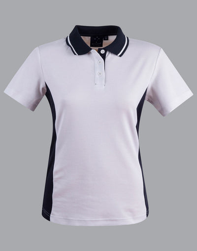 Ladies teammate polo in white and navy with moisture-wicking fabric