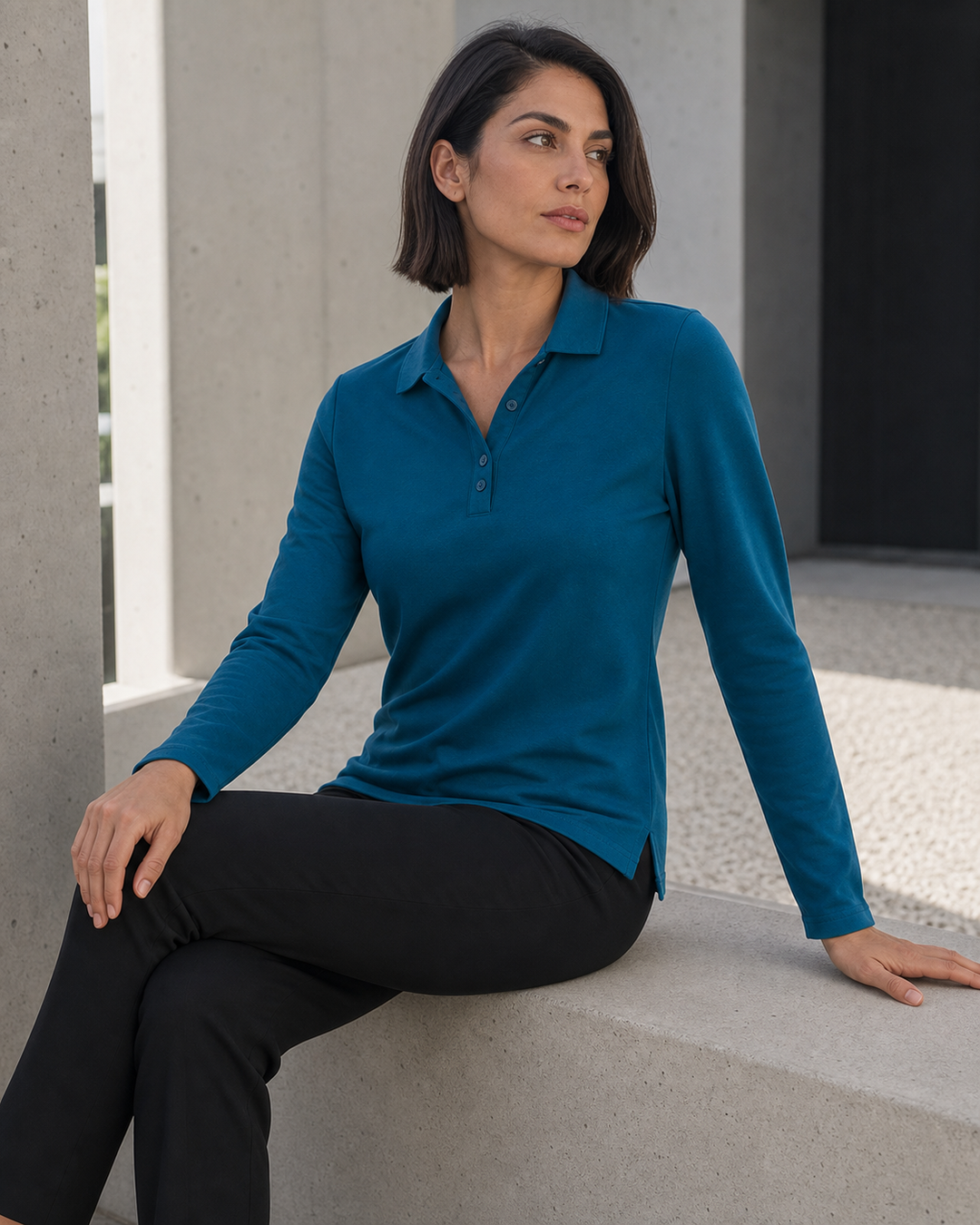 Ladies TrueDry Victory LS Polo on 30-year-old Australian model