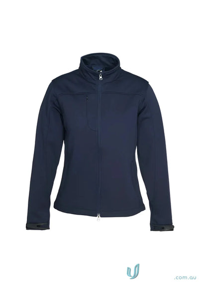 Womens softshell jacket navy blue with high collar and zip, part of Ladies U:Tech SoftShell collection
